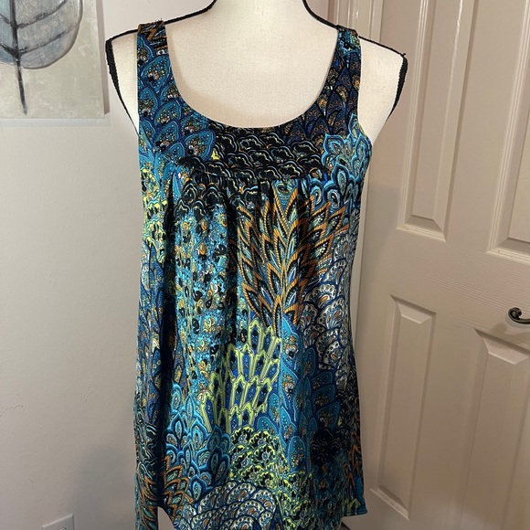 Peacock print sleeveless blouse vibrant colors - Picture 1 of 7